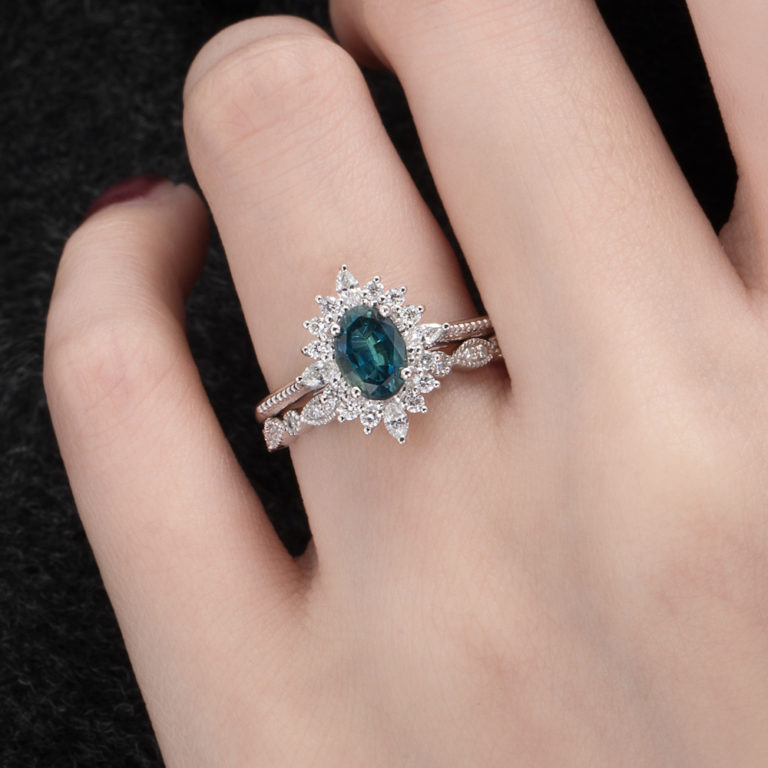 Art Deco Oval Teal Sapphire Ring - Phoebe – Sunday Island Jewelry