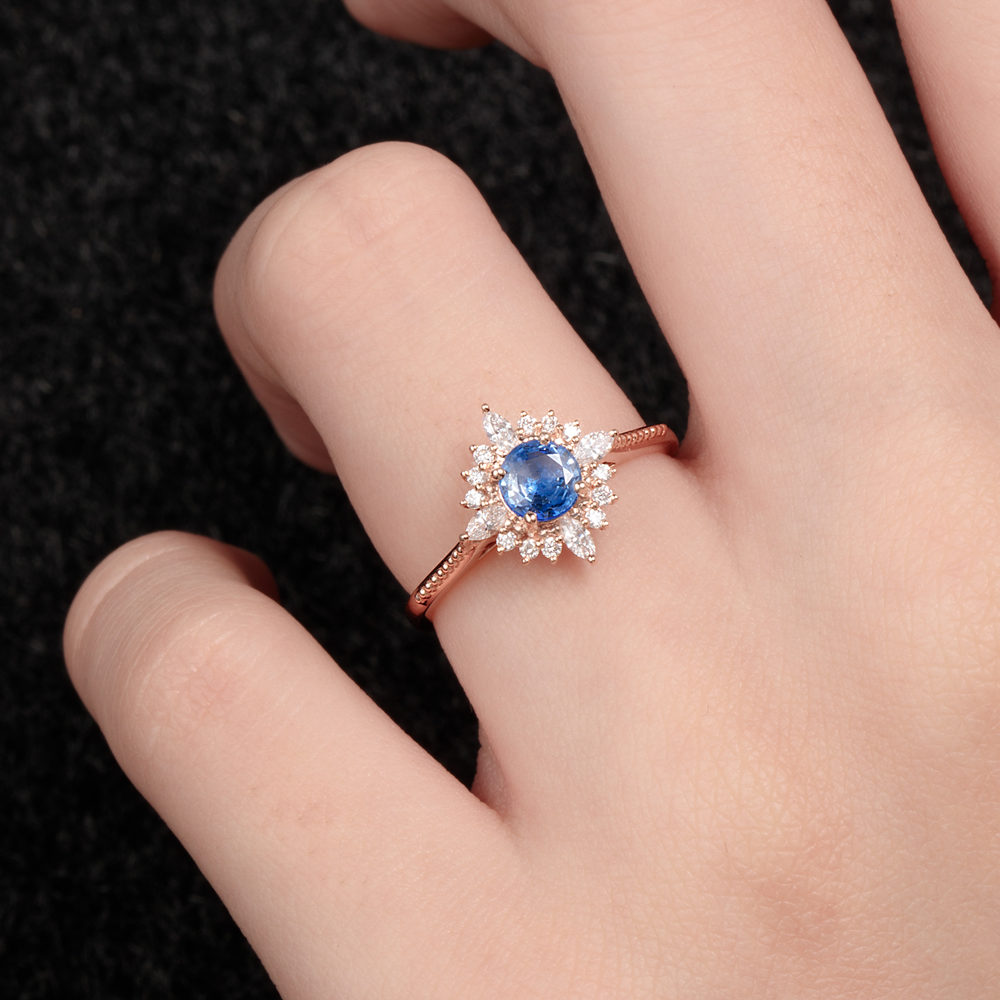 Art Deco Round Blue Sapphire Ring – Grace – Sunday Island Jewelry