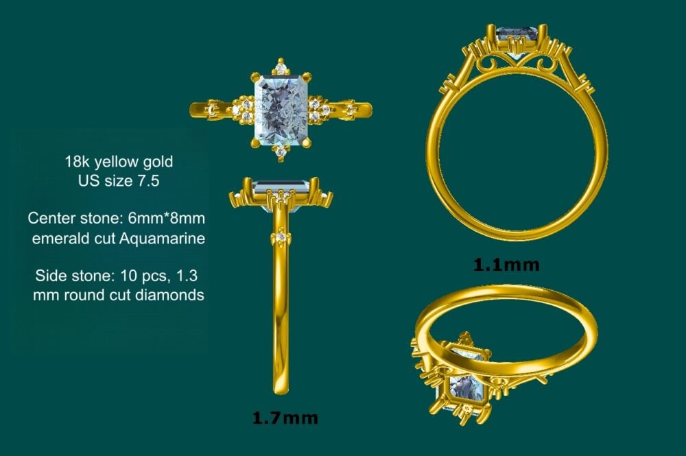 Custom Order, Emerald Cut Aquamarine Engagement Ring