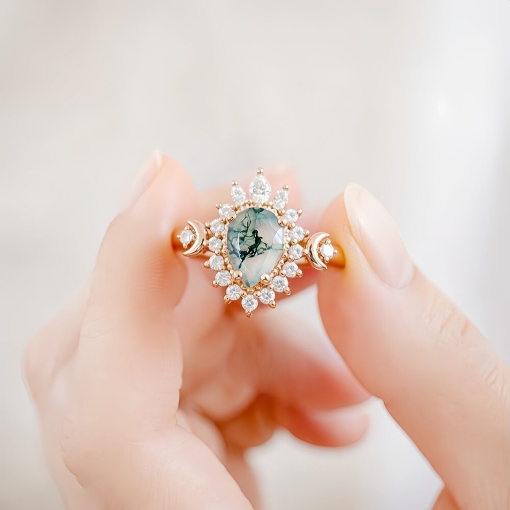 Crescent Moon Art Deco Moss Agate Ring - Daisy